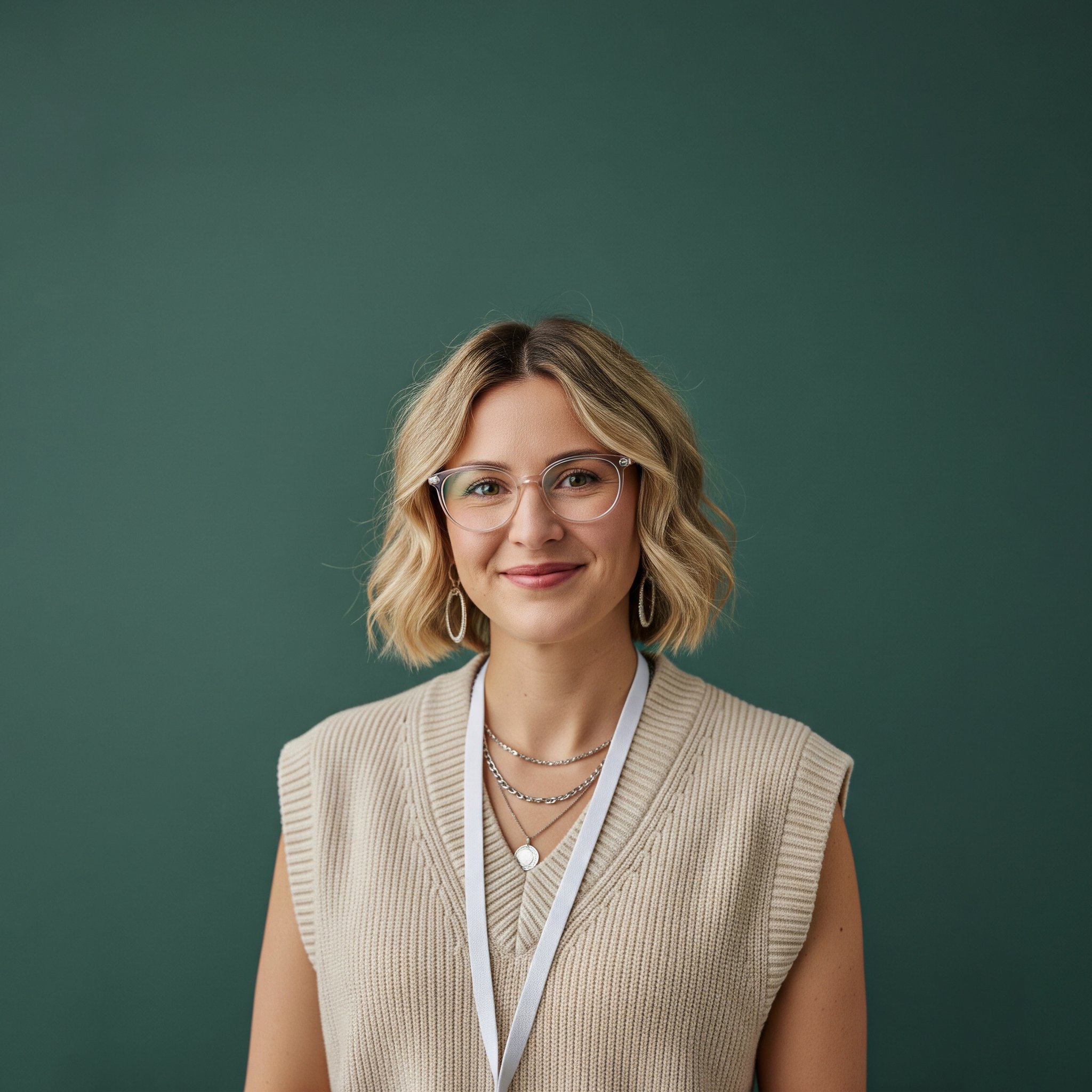 Headshot of smiling female tutor with short blonde hair wearing a lanyard.