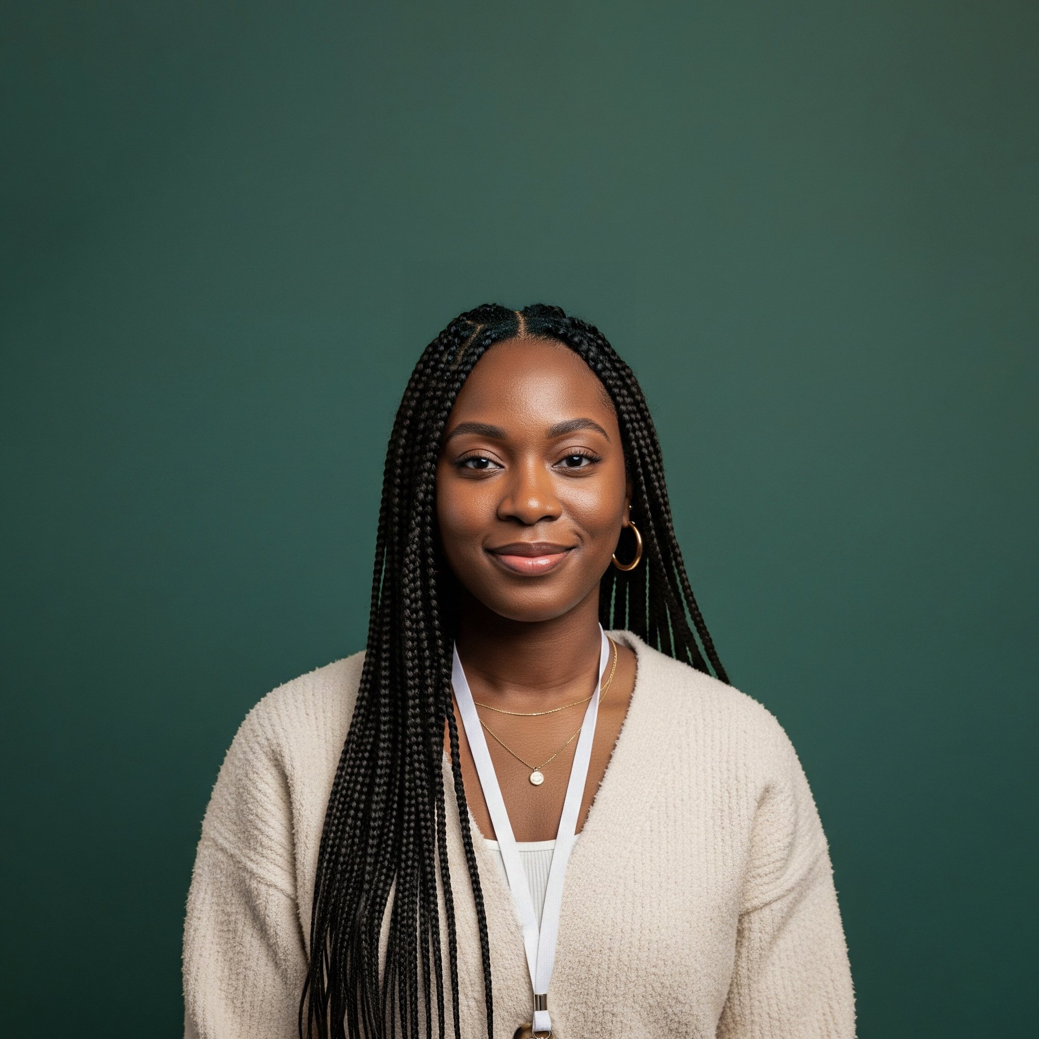 Headshot of smiling female tutor with long braids wearing a lanyard.